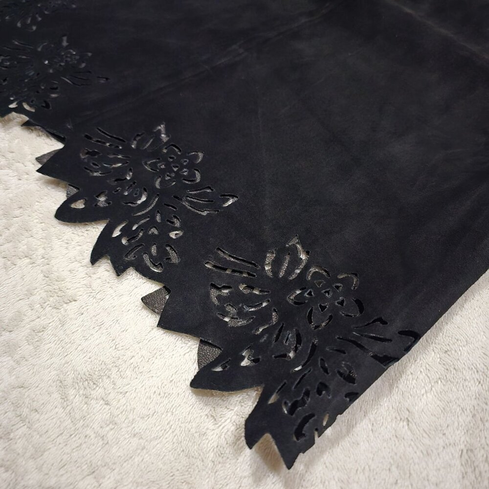 Parallel Genuine Suede Mini Skirt Floral Cut Hem Side Zip Black Size 8 Nwt — image 6 of 8